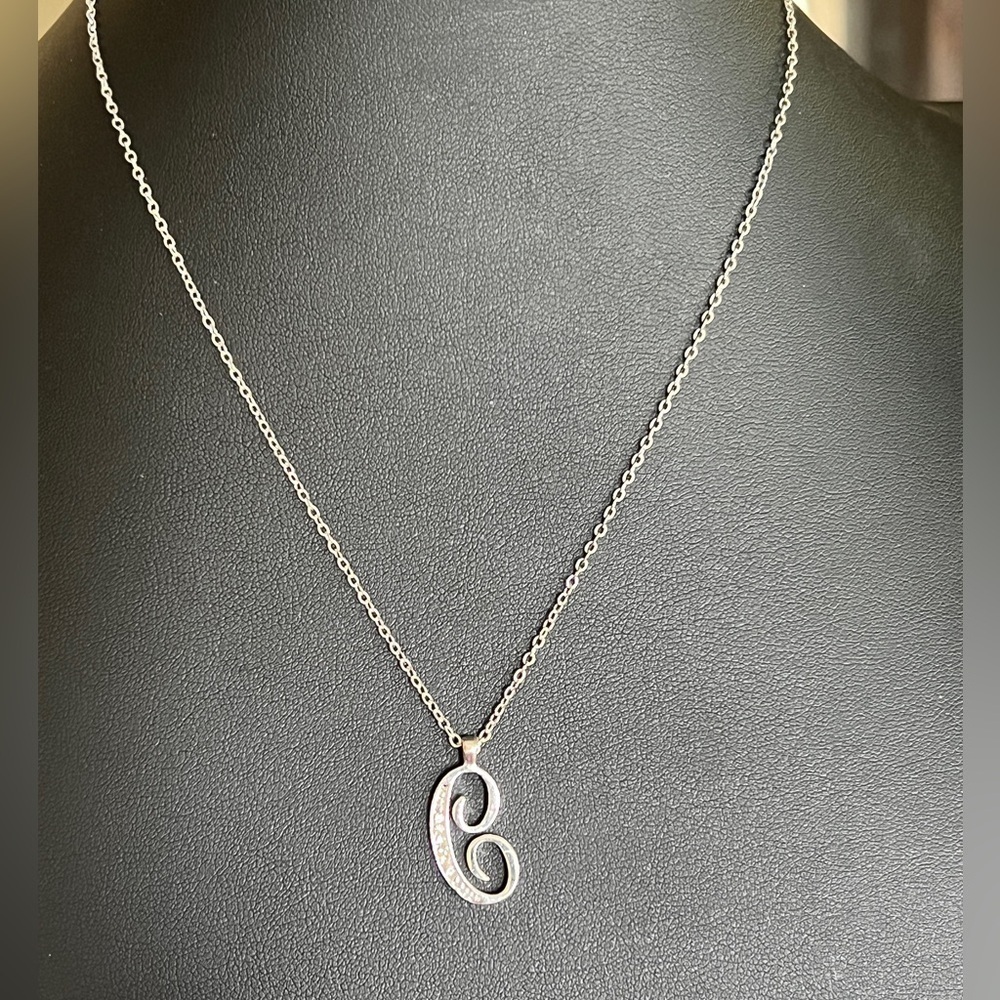 Silver Cursive Initial C Necklace With Crystals 18-20”